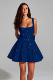 Sparkly Black A Line Square Neck Sequins Short Cocktail Dress with Back Giant Bow