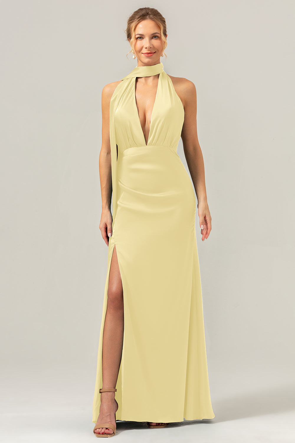 Blue White Flower Deep V Neck Streamer Backless Long Bridesmaid Dress with Slit