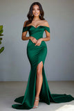 Dusty Sage Mermaid Off the Shoulder Long Prom Dress with Slit