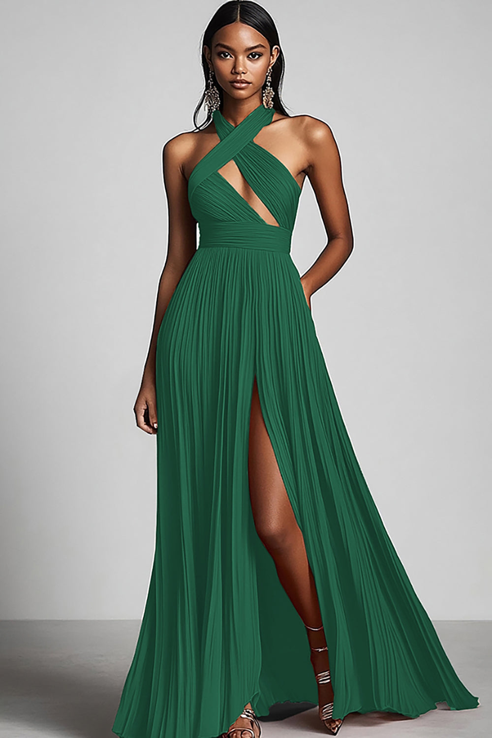 Black A Line Pleated Long Fomal Dress with Slit