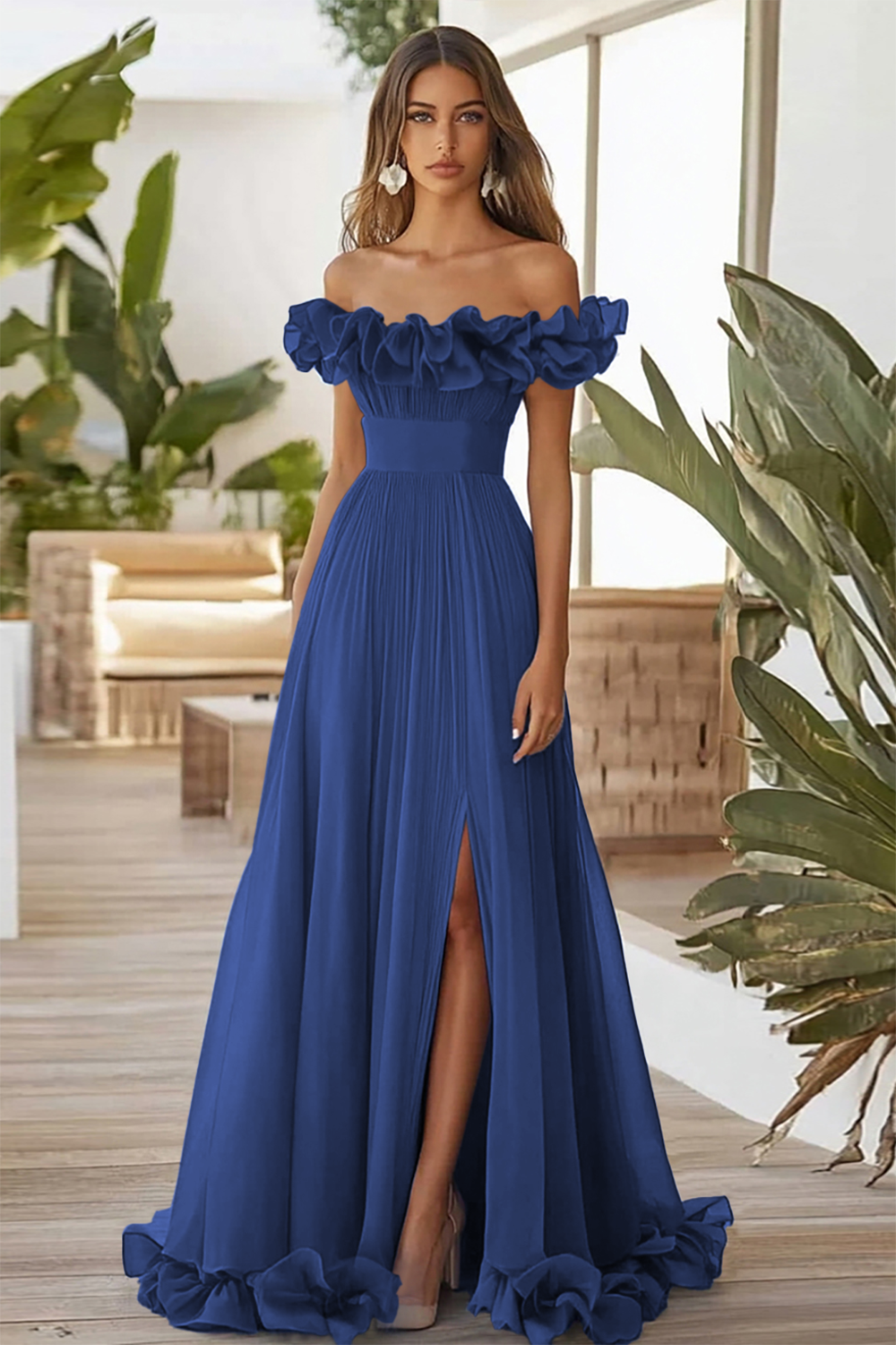 Off The Shoulder Blue A Line Formal Dress With Slit
