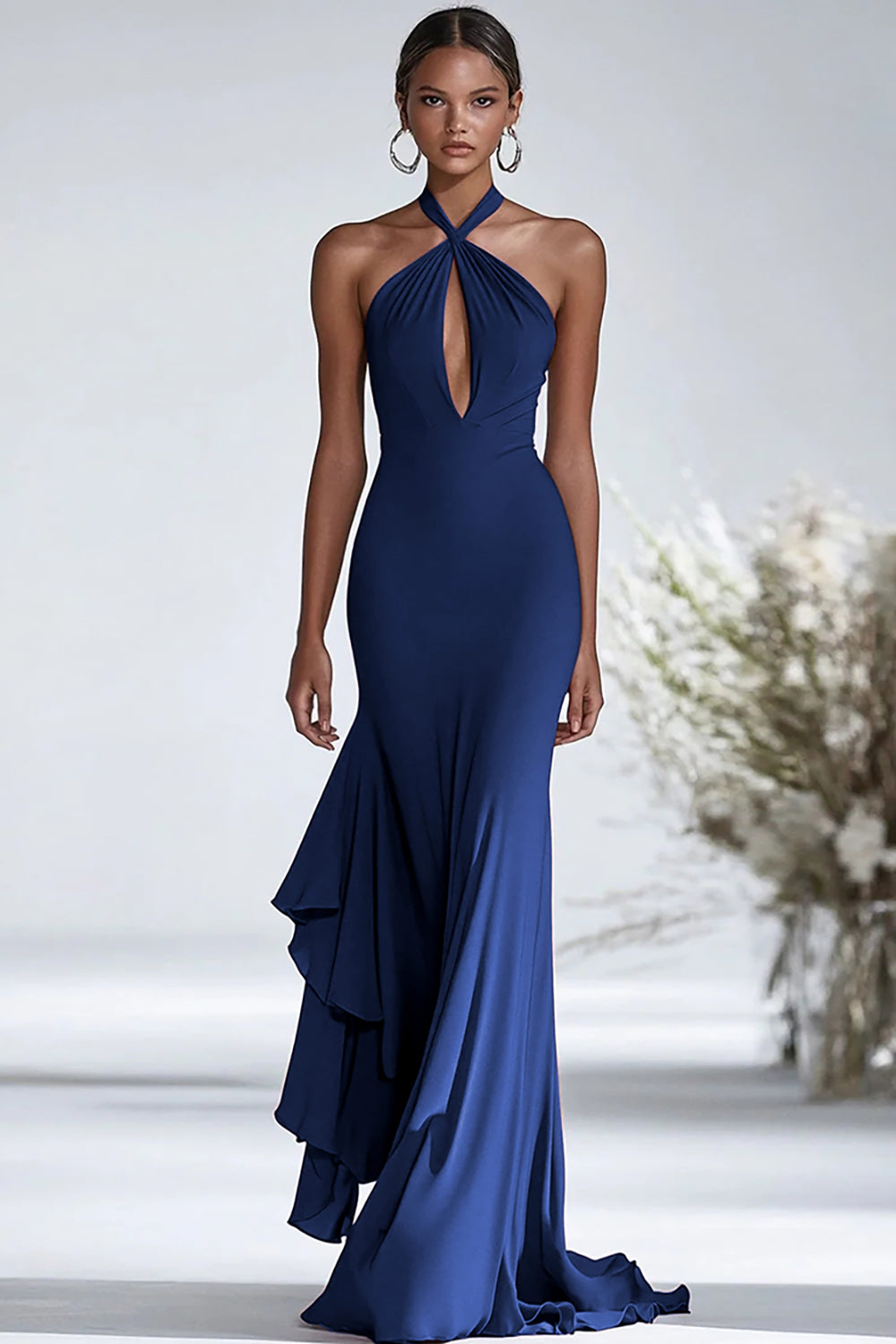 Halter Terracotta Chiffon Ruffles Sheath Red Gala Dress