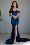 Dusty Sage Mermaid Off the Shoulder Long Prom Dress with Slit