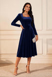 Dark Green A Line Velvet Long Sleeve Holiday Party Dress
