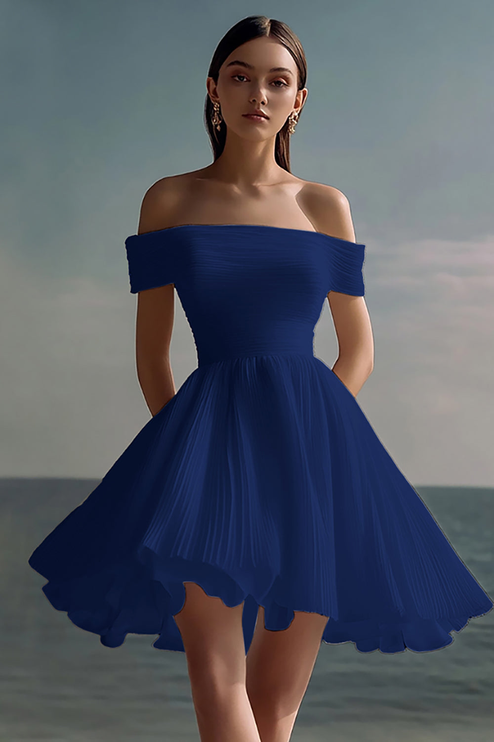 A-Line Of the Shoulder Chiffon Little White Graduation Dress