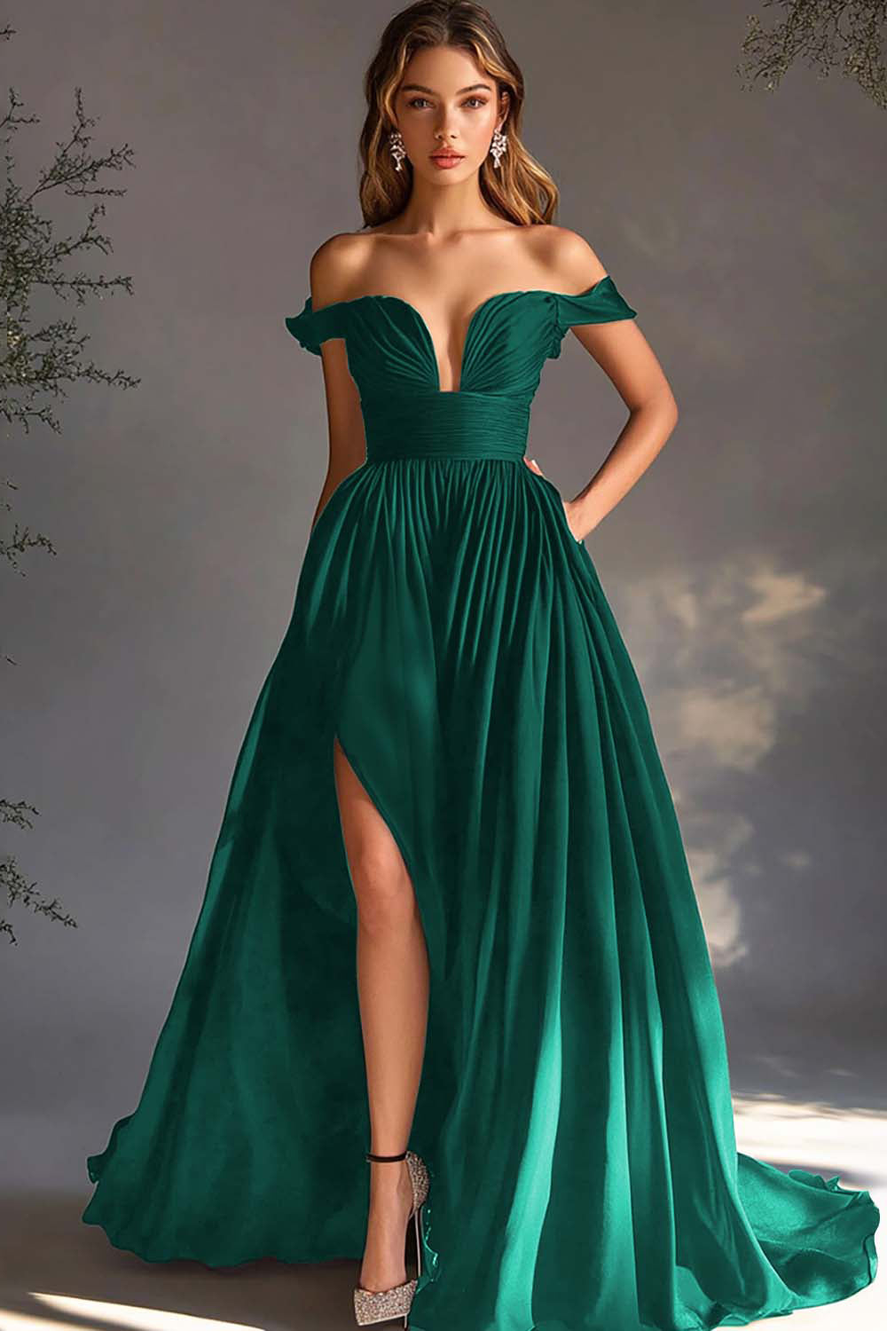 Black Off The Shoulder A Line Prom Dress with Slit