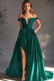 Black Off The Shoulder A Line Prom Dress with Slit