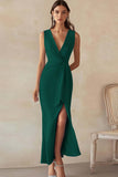 Sky Blue Satin V-Neck Long Work Dress with Slit