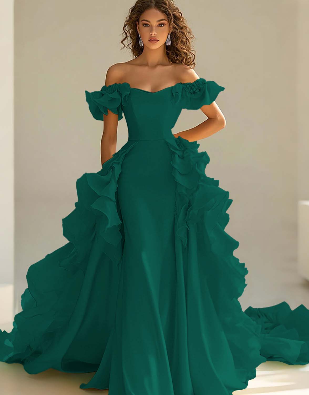 Yellow Off The Shoulder Mermaid Ruffles Satin Prom Dress