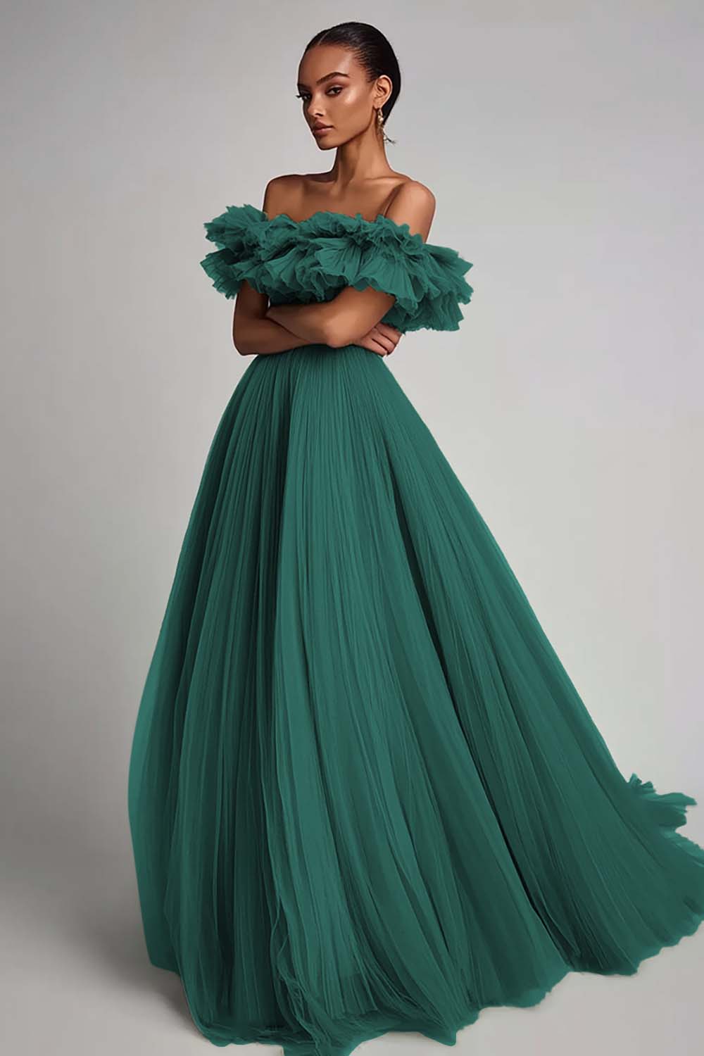 Dusty Sage Ruffled Strapless A Line Formal Dress