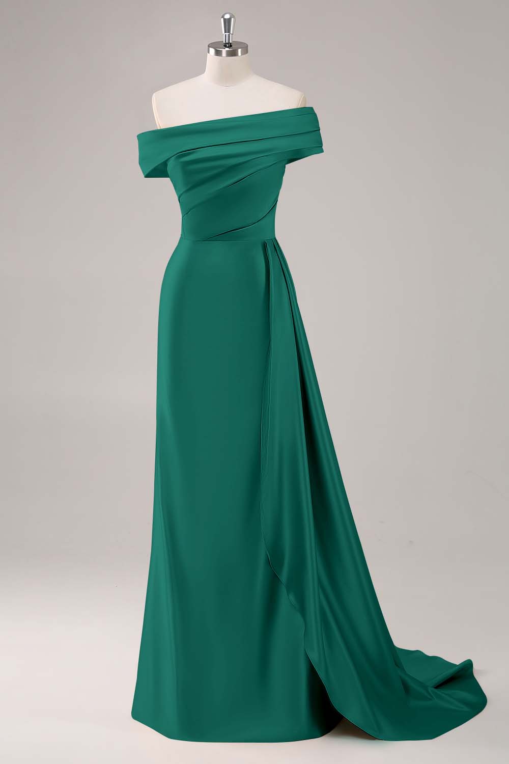 Champagne Sheath One Shoulder Pleated Long Formal Dress with Side Streamer