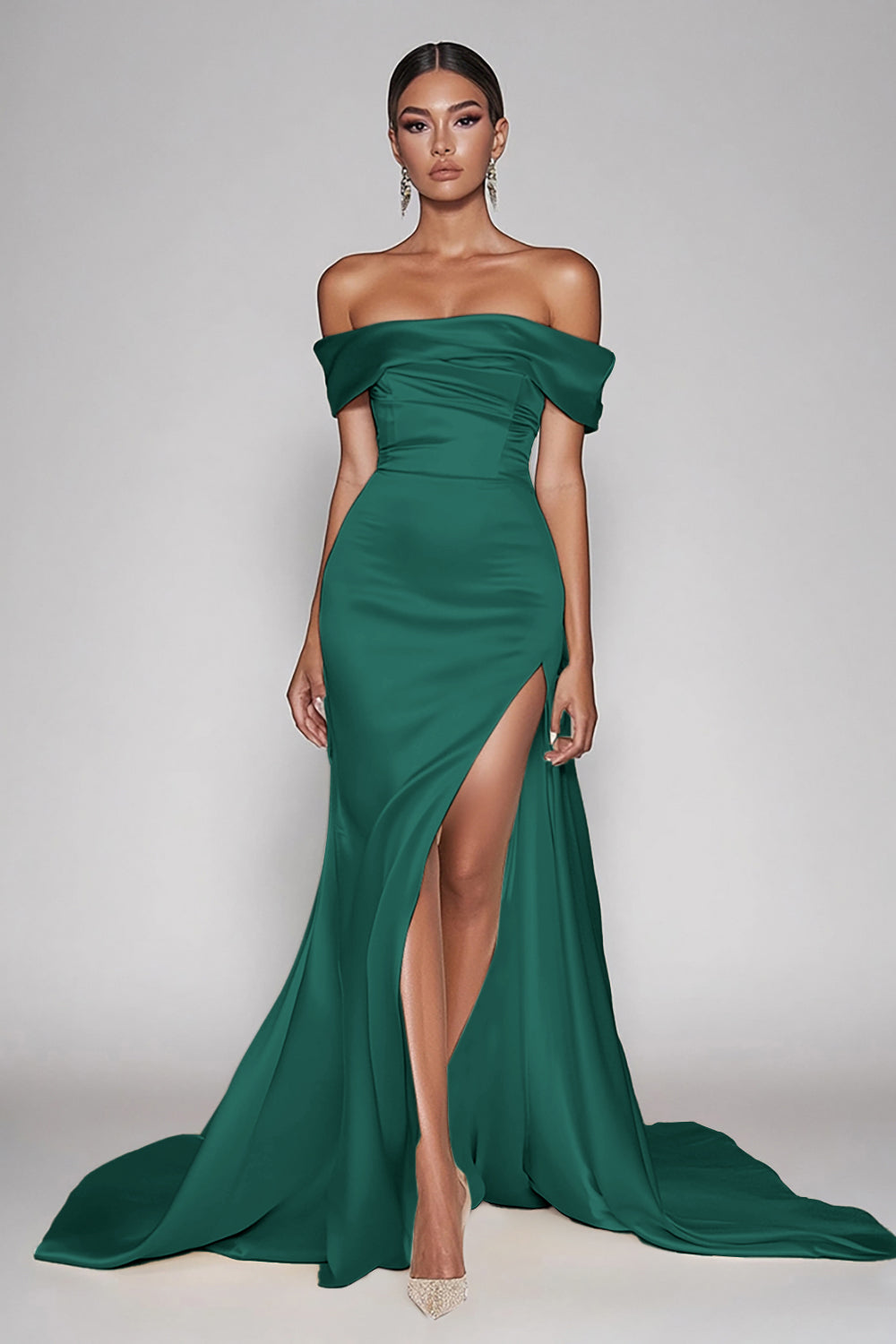 Champagne Off The Shoulder Satin Long Mermaid Prom Dress with Slit