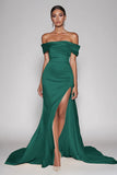 Champagne Off The Shoulder Satin Long Mermaid Prom Dress with Slit