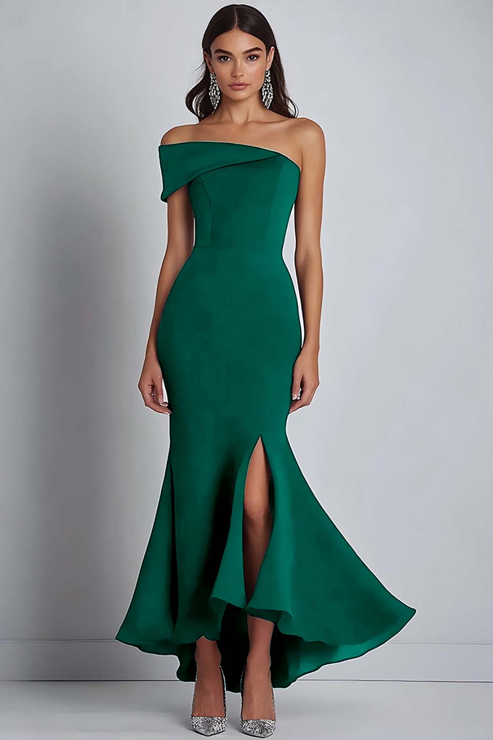 Navy Crepe One Shoulder Sheath Formal Dress with Slit