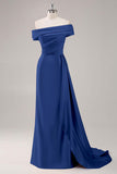 Champagne Sheath One Shoulder Pleated Long Formal Dress with Side Streamer
