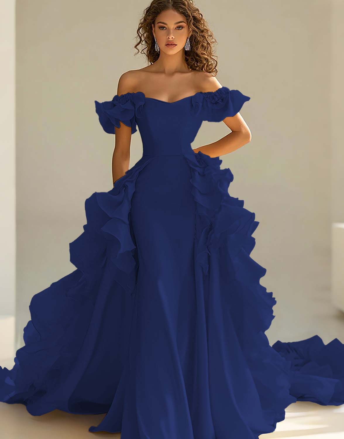 Yellow Off The Shoulder Mermaid Ruffles Satin Prom Dress
