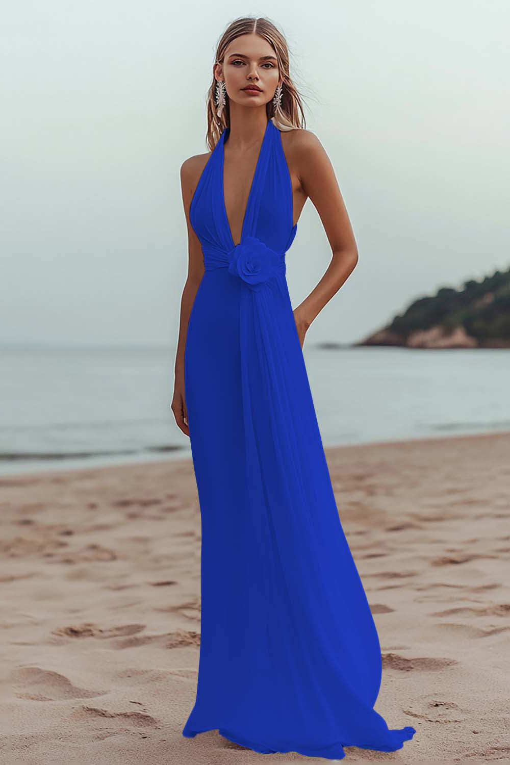 White Sheath Halter Ruched Long Formal Dress with Flower