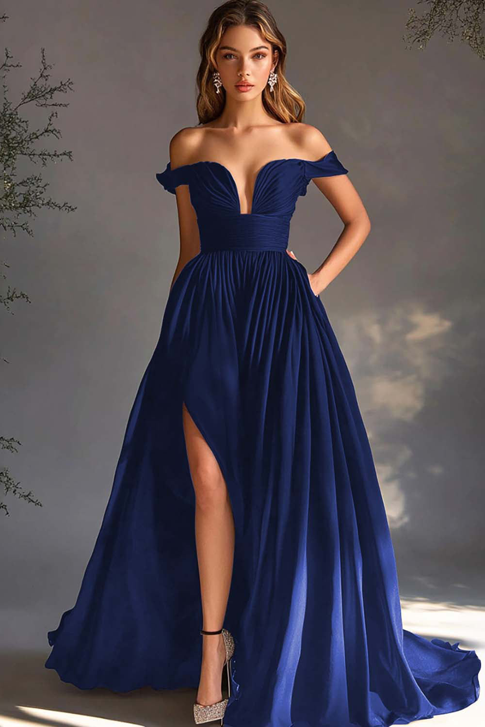 Black Off The Shoulder A Line Prom Dress with Slit