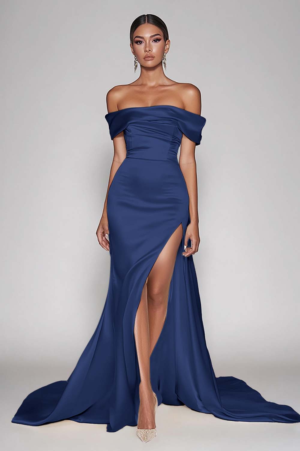 Champagne Off The Shoulder Satin Long Mermaid Prom Dress with Slit