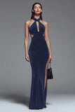 Dark Green Velvet Halter Sheath Long Formal Dress with Slit