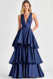 Fuchsia A-Line V Neck Ruffles Long Prom Dress