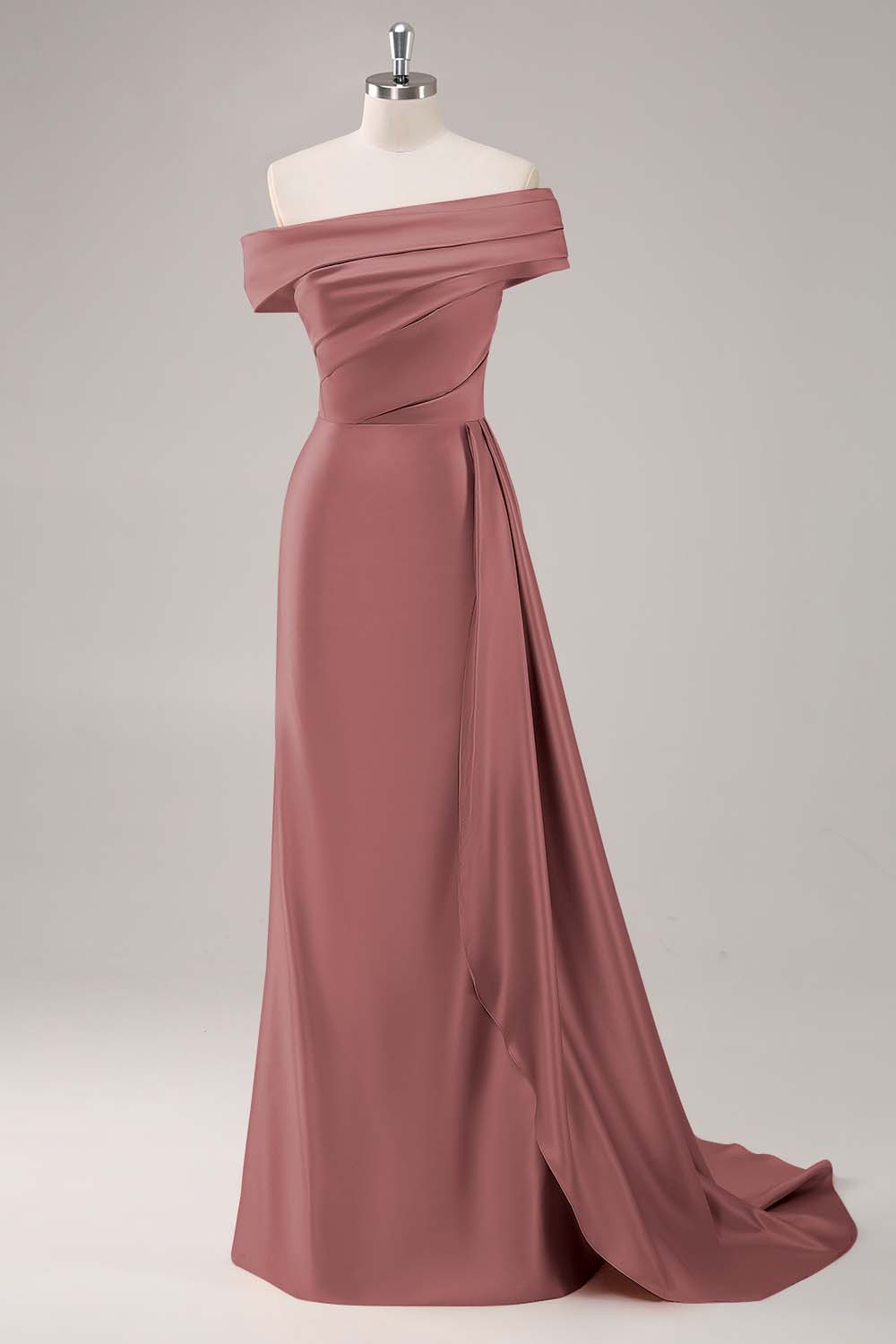 Champagne Sheath One Shoulder Pleated Long Formal Dress with Side Streamer