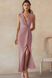 Sky Blue Satin V-Neck Long Work Dress with Slit