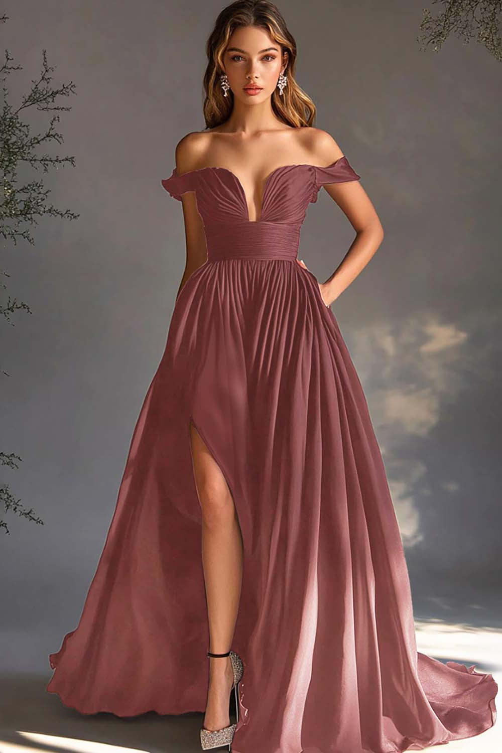 Black Off The Shoulder A Line Prom Dress with Slit