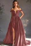 Black Off The Shoulder A Line Prom Dress with Slit