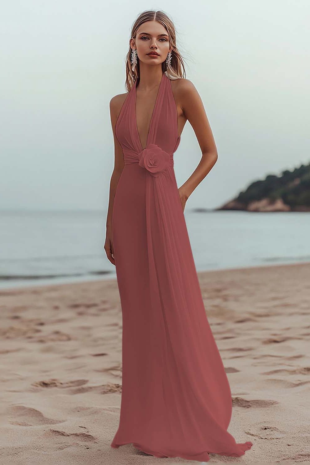 White Sheath Halter Ruched Long Formal Dress with Flower