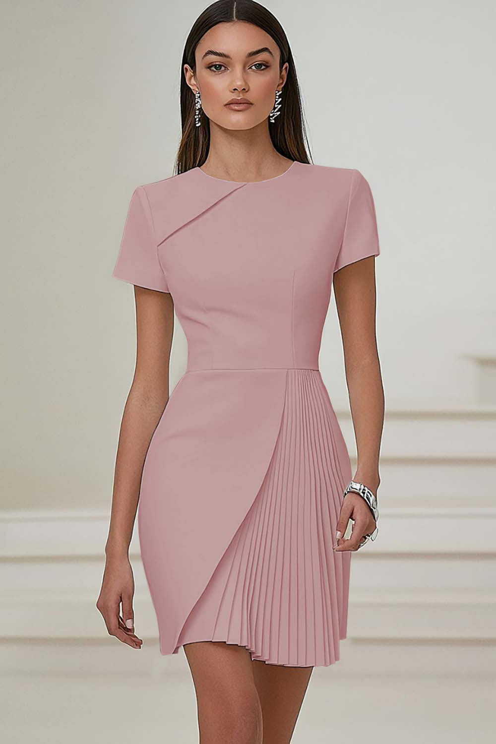 Ivory Pleated Work Dress with Short Sleeves