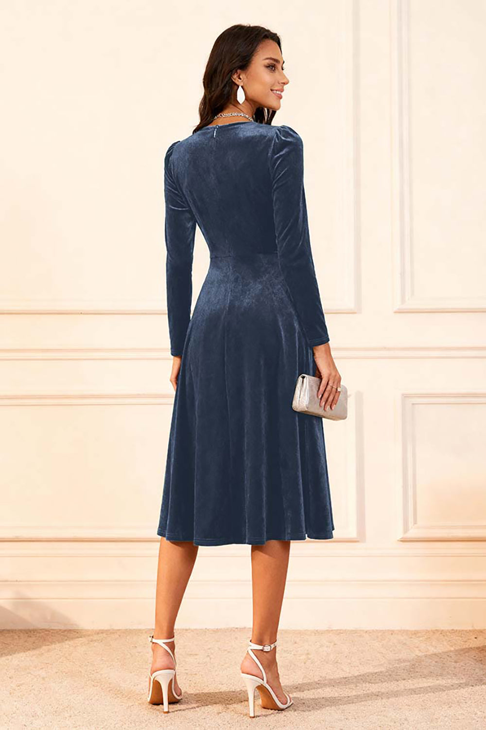Dark Green A Line Velvet Long Sleeve Holiday Party Dress