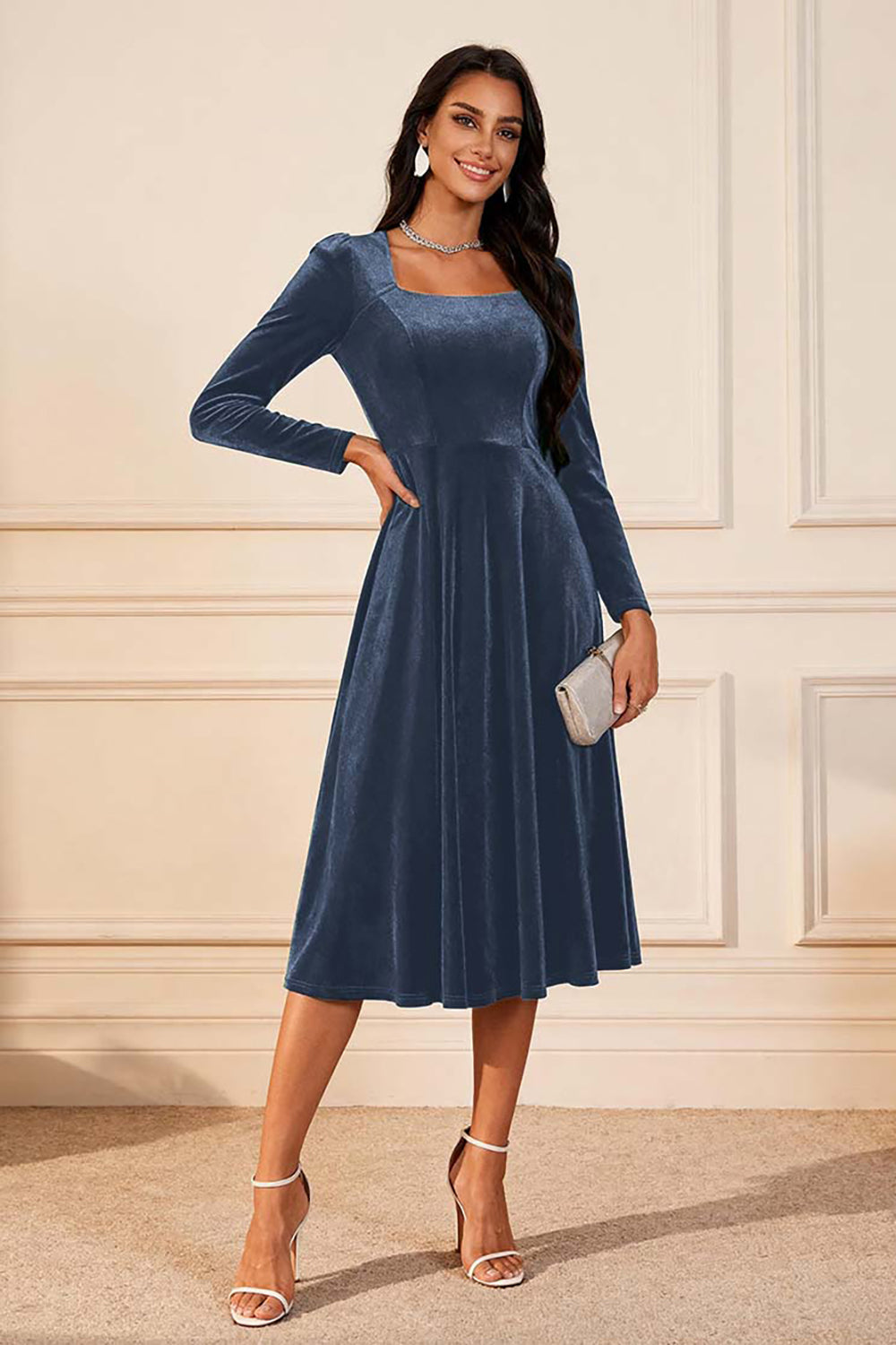 Dark Green A Line Velvet Long Sleeve Holiday Party Dress
