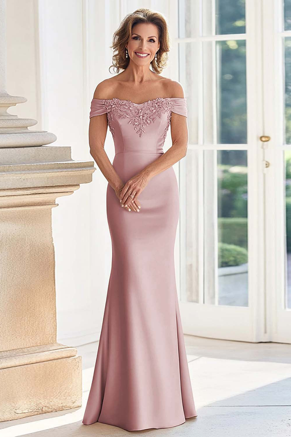 Champagne Off the Shoulder Sheath Mother of the Bride Dress with Appliques