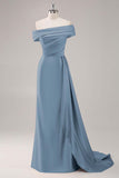 Champagne Sheath One Shoulder Pleated Long Formal Dress with Side Streamer