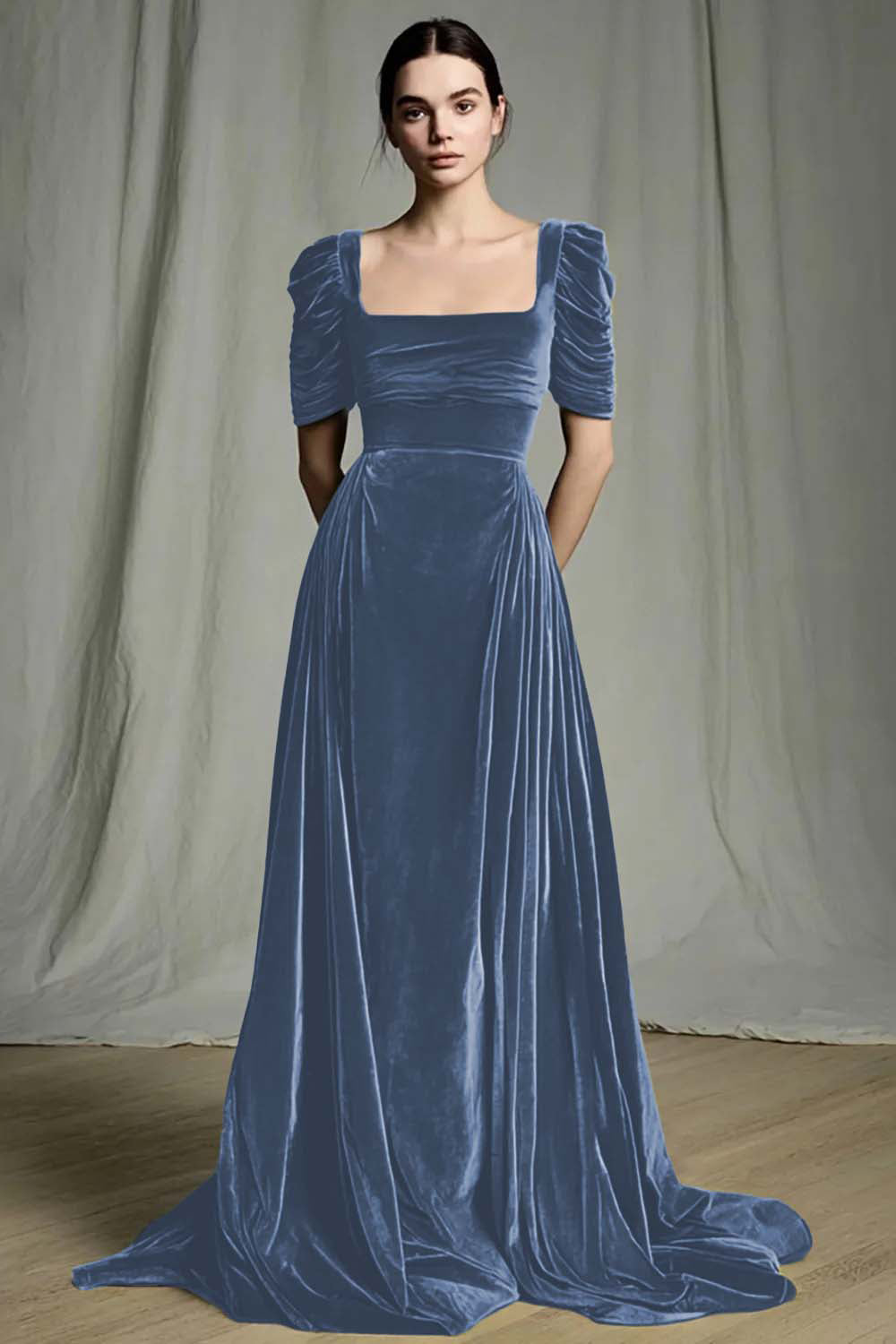 Olive A-Line Square Neck Velvet Long Formal Dress
