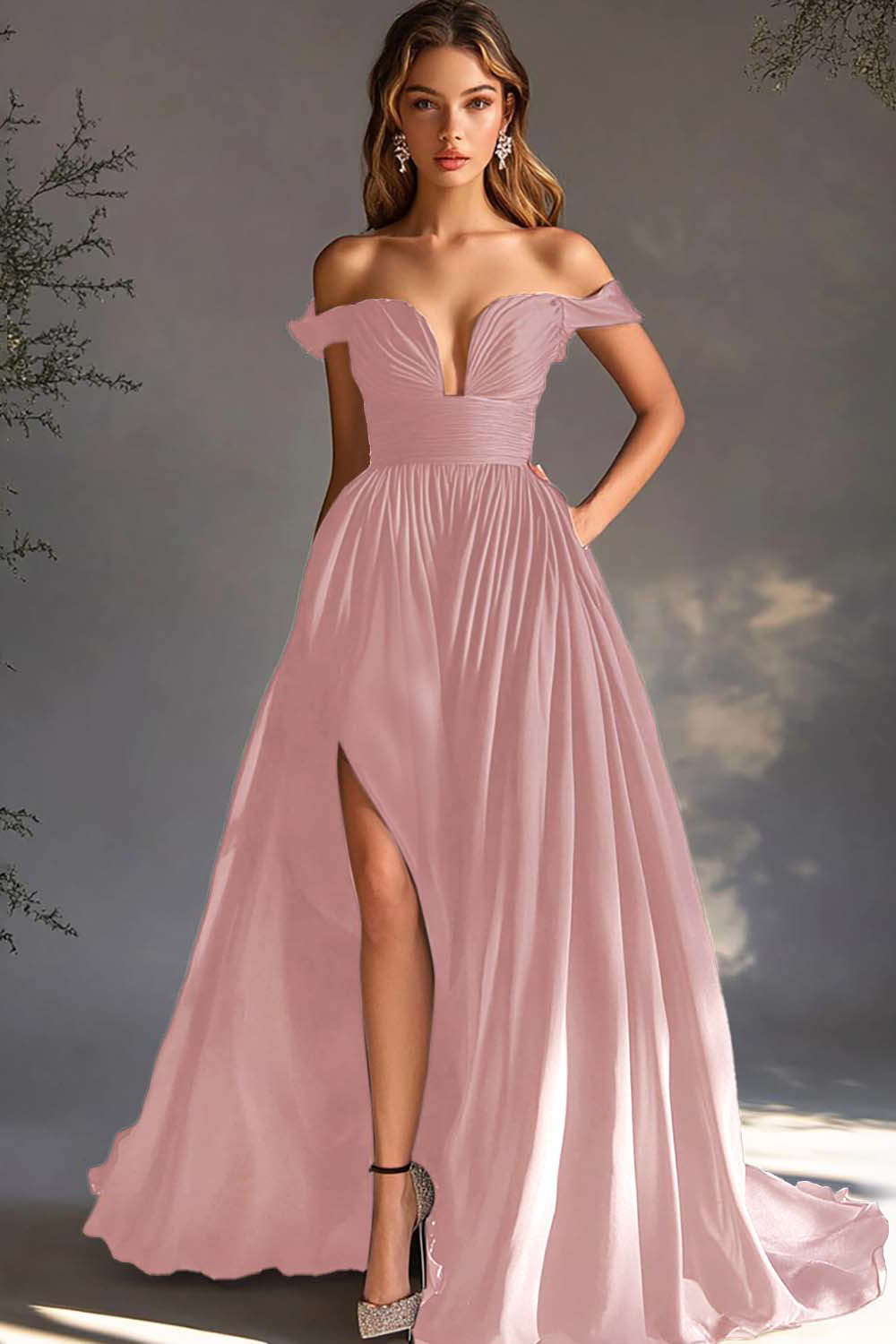 Black Off The Shoulder A Line Prom Dress with Slit