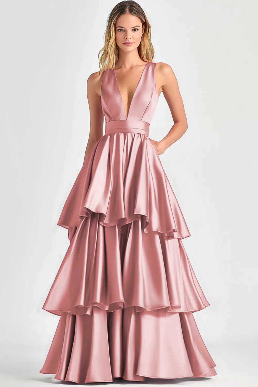 Fuchsia A-Line V Neck Ruffles Long Prom Dress
