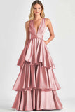 Fuchsia A-Line V Neck Ruffles Long Prom Dress
