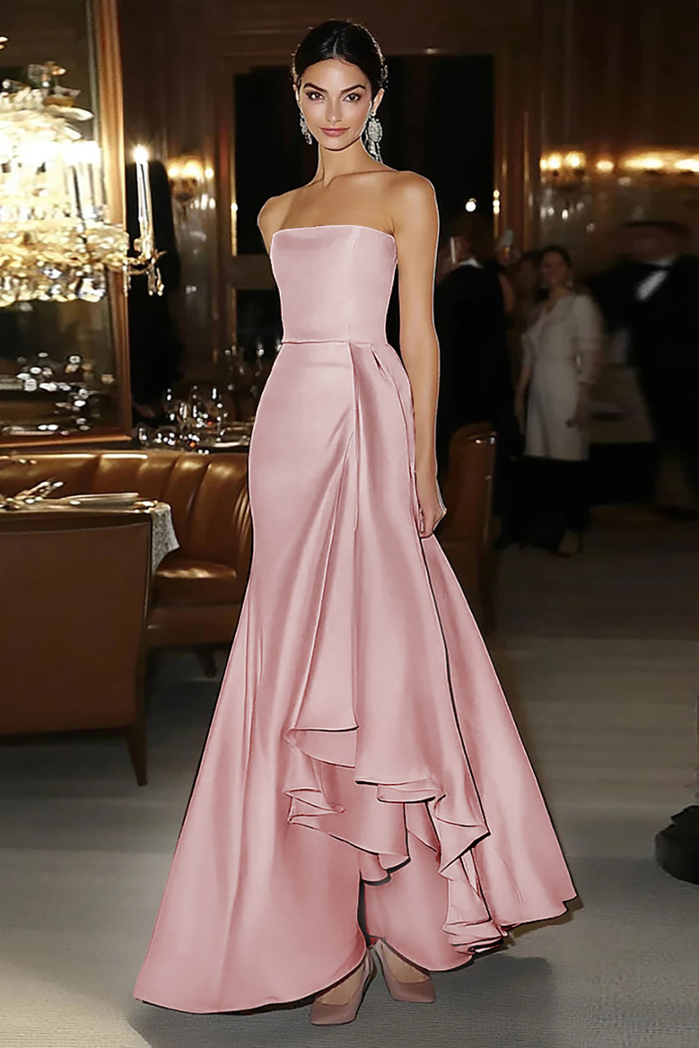 Sheath Pink Satin Strapless Gala Dress