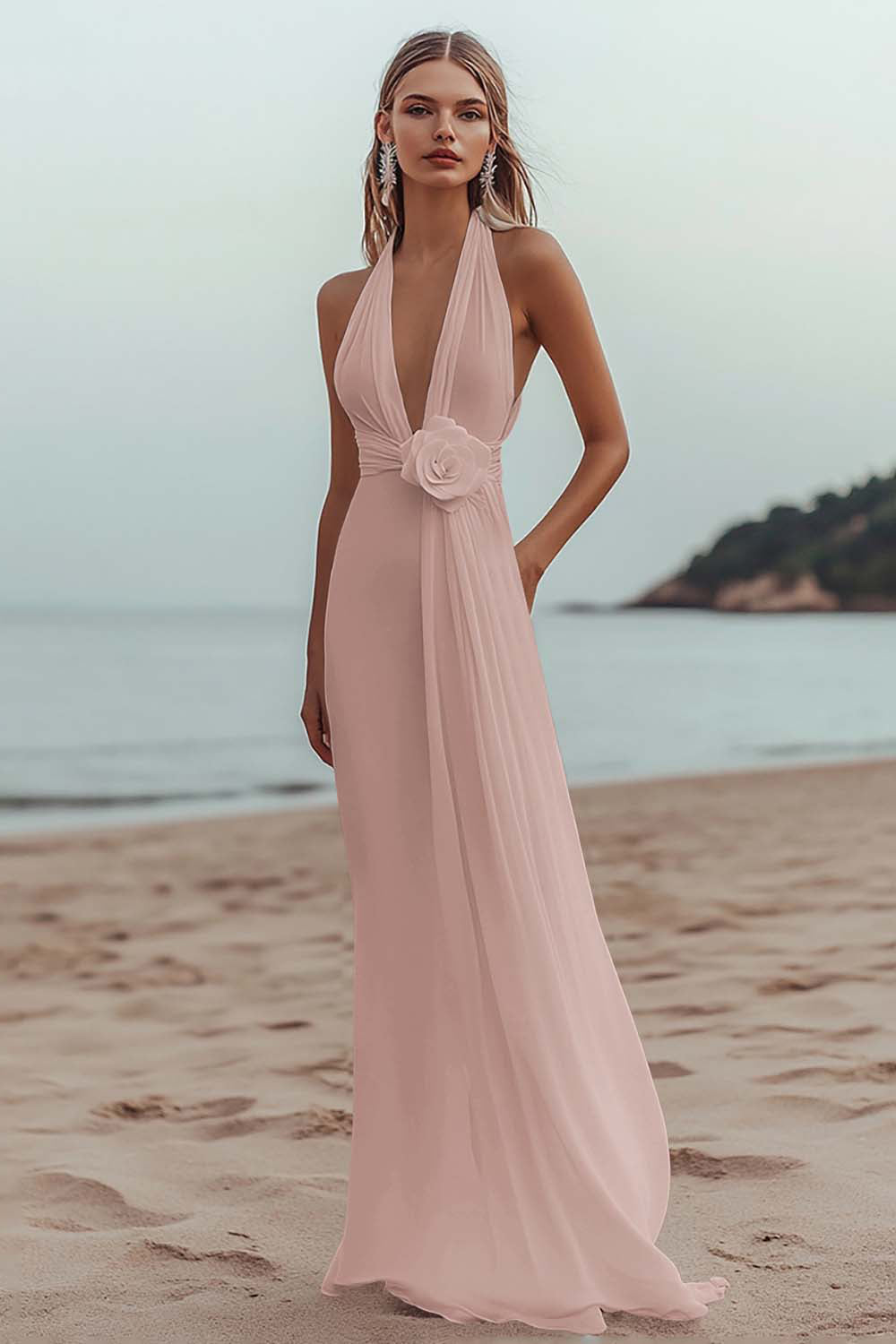 White Sheath Halter Ruched Long Formal Dress with Flower