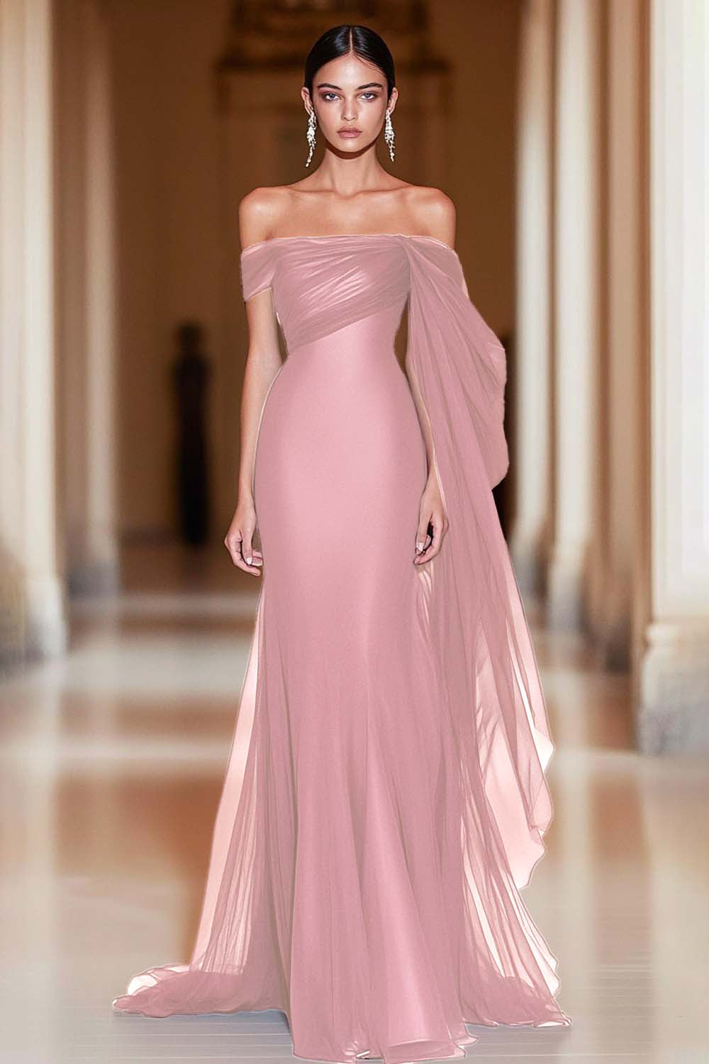 Cabernet Off the Shoulder Mermaid Tulle Long Military Ball Dress