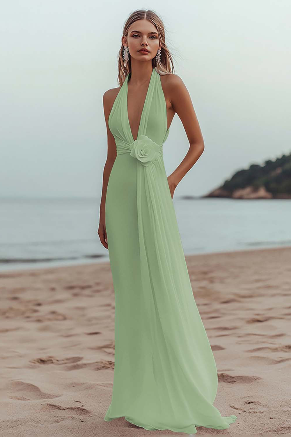 White Sheath Halter Ruched Long Formal Dress with Flower