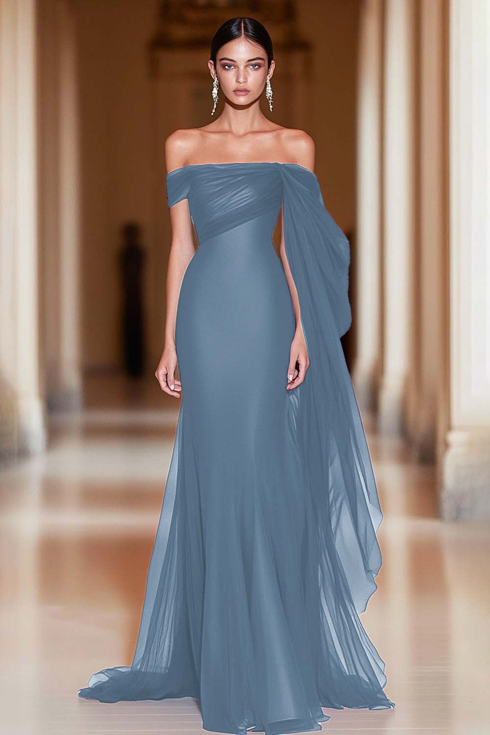 Cabernet Off the Shoulder Mermaid Tulle Long Military Ball Dress