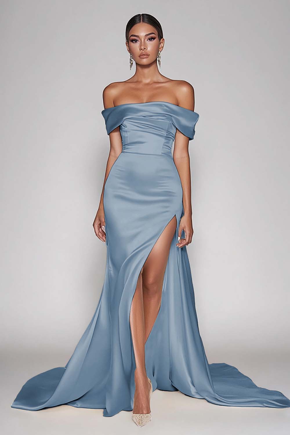 Champagne Off The Shoulder Satin Long Mermaid Prom Dress with Slit