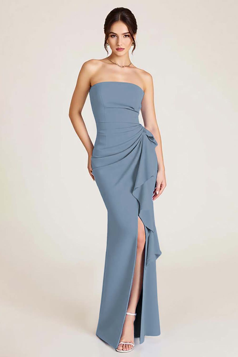 Sky Blue Sheath Ruched Wedding Guest Dress With Slit