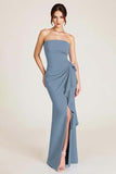 Sky Blue Sheath Ruched Wedding Guest Dress With Slit