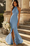Halter Dusty Sage Mermaid Ruffles Chiffon Bridesmaid Dress