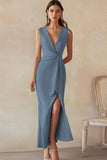 Sky Blue Satin V-Neck Long Work Dress with Slit
