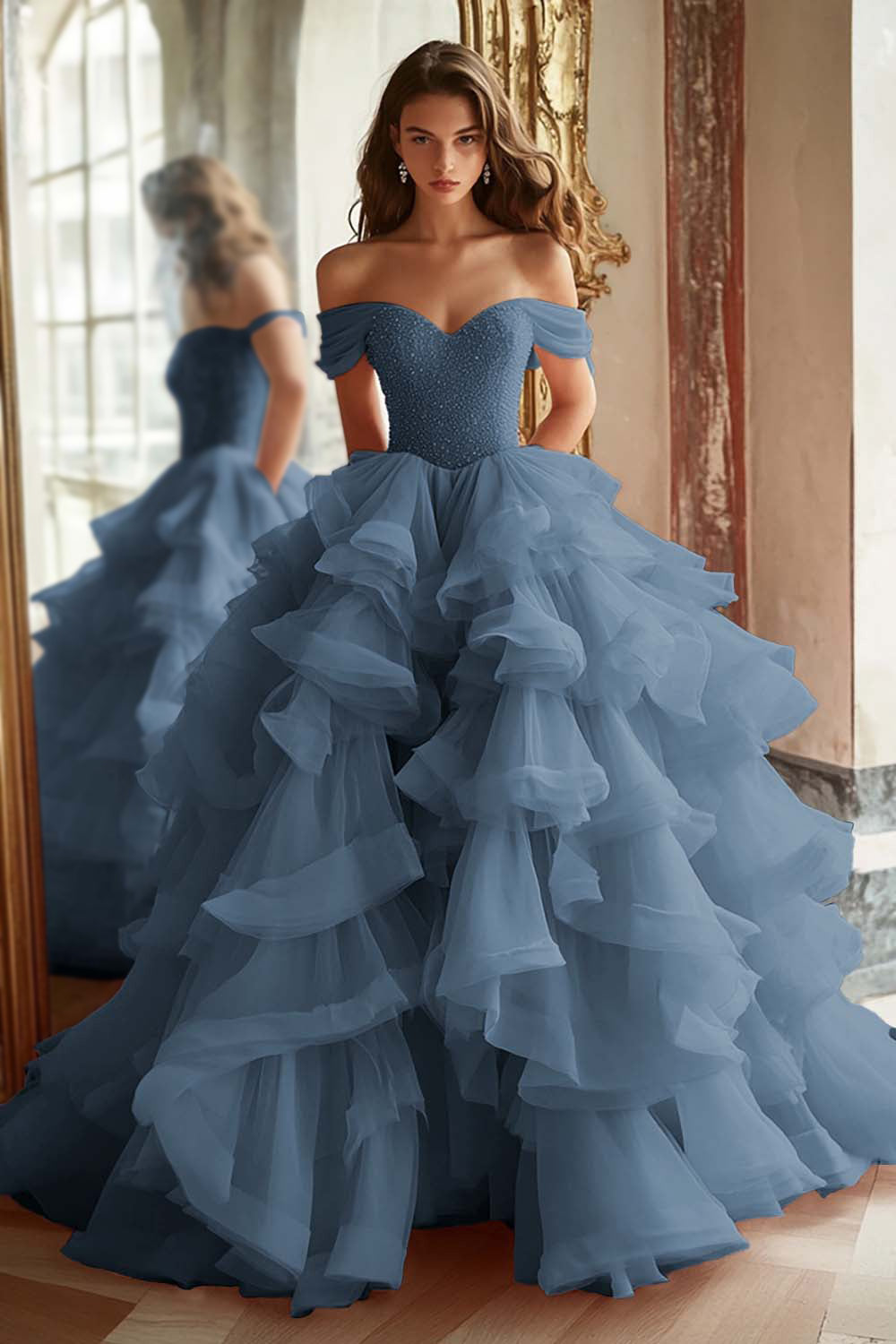 Black Princess Off The Shoulder Tiered Ruffled Long Prom Dress